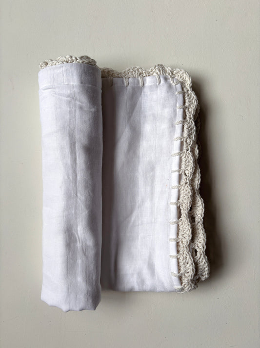 Organic cotton giant muslin swaddle with crocheted trim